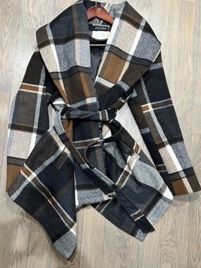 Chicwish Black, Brown & Gray Plaid Belted Pea Coat